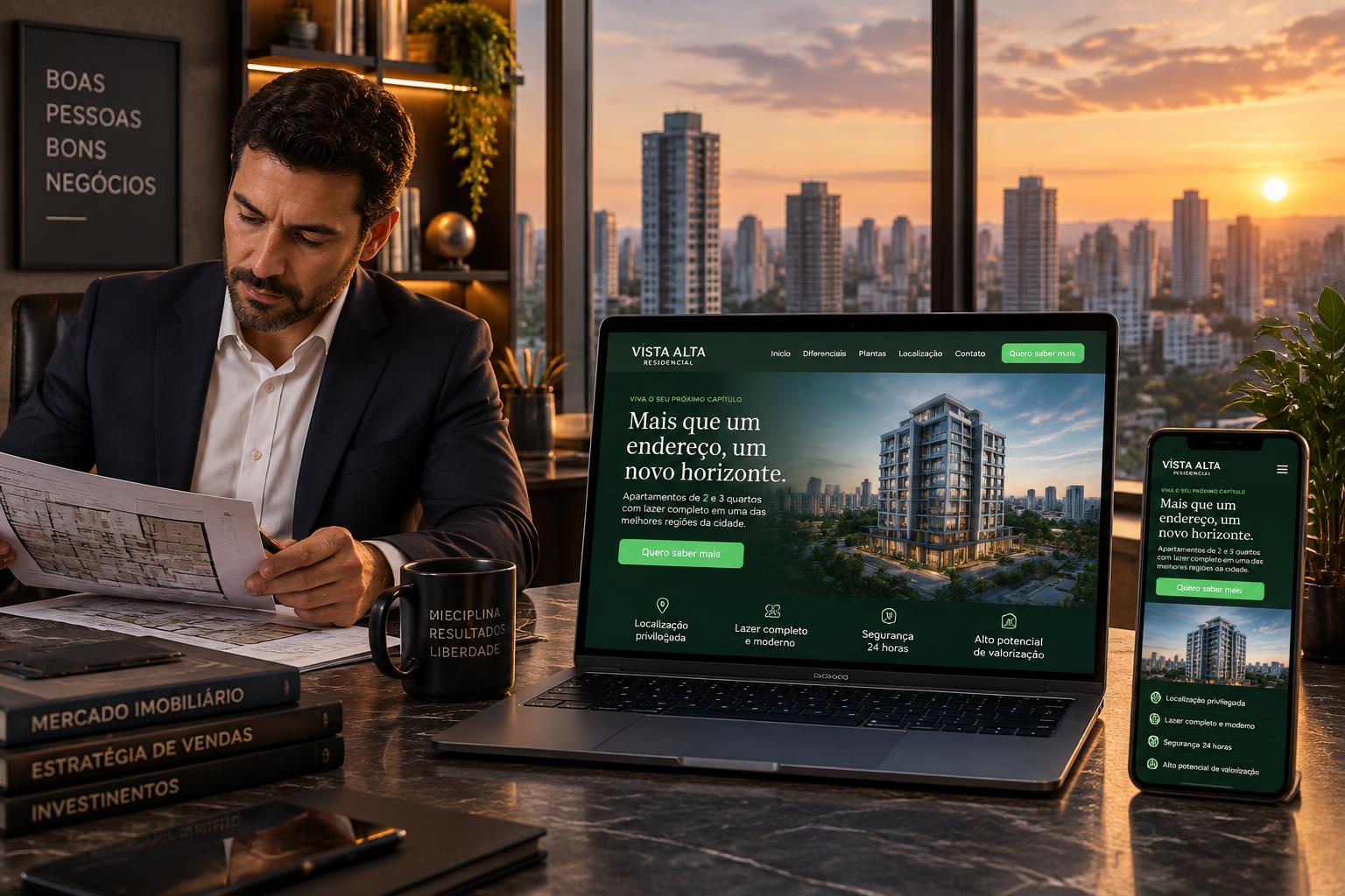Corretor de imóveis com uma landing page exibida no notebook e no celular