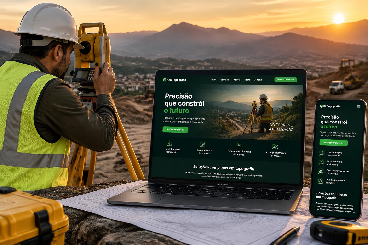 Topógrafo trabalhando com estação total em campo